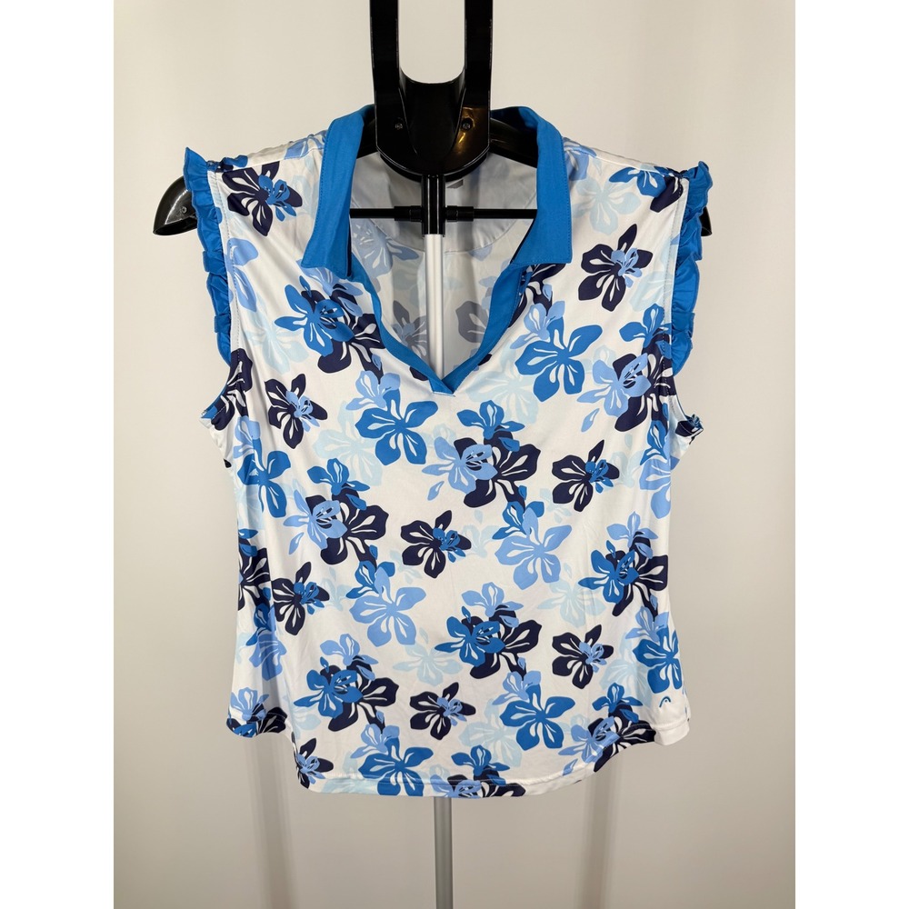 Head Golf x Belle Kim Gravel Floral Ruffle‎ Sleeveless Polo Shirt Blue White L
